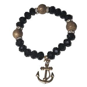 Black Gold Beaded Bracelet Boat Anchor Charm Cruise Sailor Vacation Jewelry